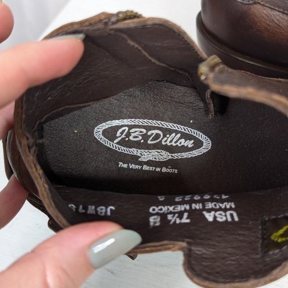 J.B. Dillon Distressed Brown Leather Side Zip Low Cowgirl Boots Booties - Picture 8 of 8